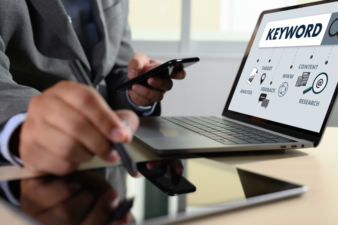 A visual representation of keyword research, including tools like Google Keyword Planner, Ahrefs, and SEMrush.